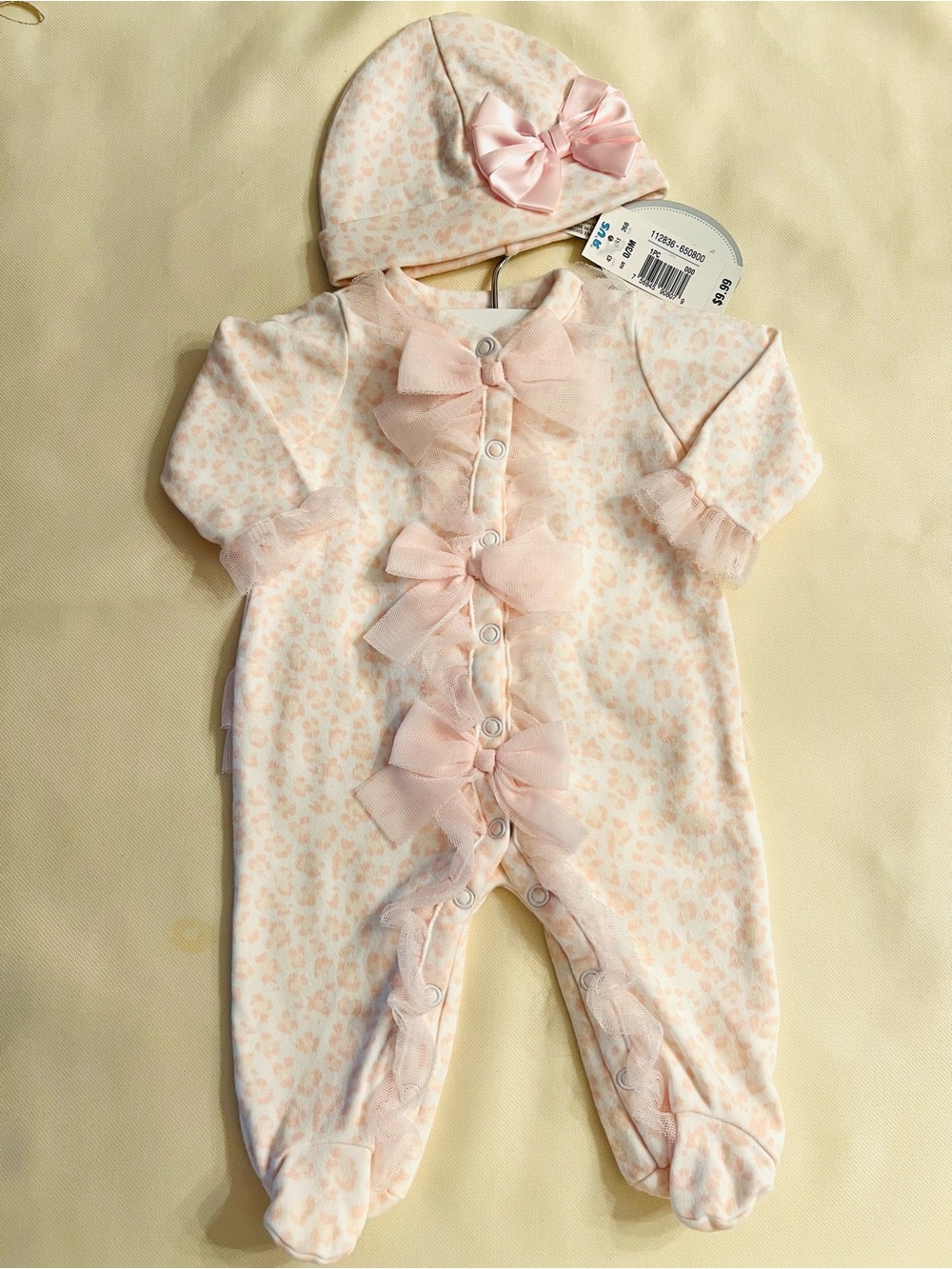 Infant Pink Bow-Trim Footed One-Piece with Matching Hat(hat sold separately)